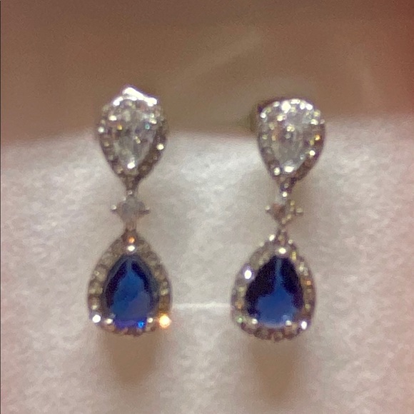 18k White Gold Natural Sapphire & CZ Earrings - Picture 3 of 5